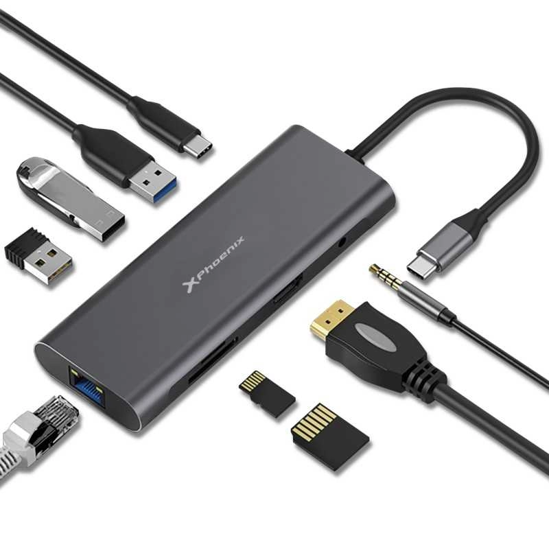 HUB PORTÁTIL USB TIPO C PHOENIX 9 EM 1 LIGAÇÃO ETHERNET RJ45 LEITOR DE CARTÃO USB 3.0 HDMI 4K