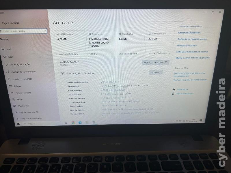 Portátil ASUS A541UA – Intel Core i3 4GB RAM 224GB TOSHIBA 15.6" HD Windows 10 (Sem bateria) Asus
