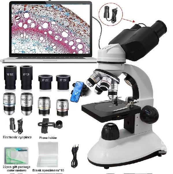 Microscópio binocular com ocular eletrónico.