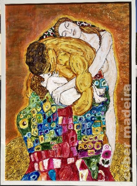Abraço em Família -Pintura à mão inspirada na obra de Gustav Klimt