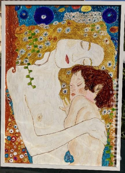Mãe e Filho - pintura à mão inspirada em Gustav Klimt