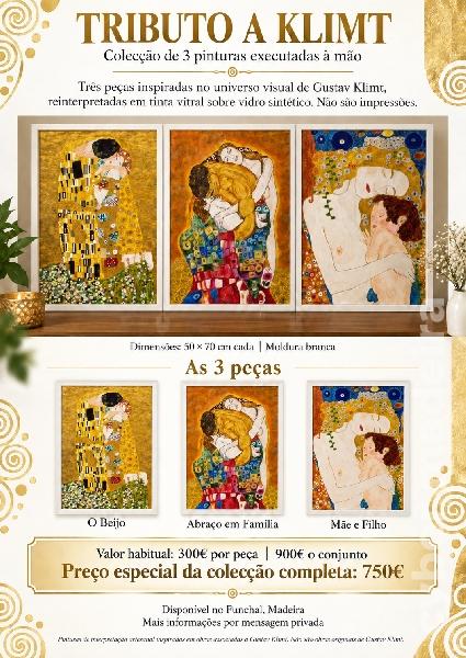 O Beijo Abraço em Família Mãe e Filho --3 pinturas à mão inspiradas no Universo de Gustav Klimt