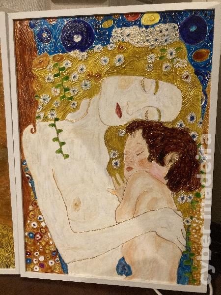 O Beijo Abraço em Família Mãe e Filho --3 pinturas à mão inspiradas no Universo de Gustav Klimt