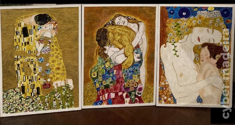 O Beijo Abraço em Família Mãe e Filho --3 pinturas à mão inspiradas no Universo de Gustav Klimt