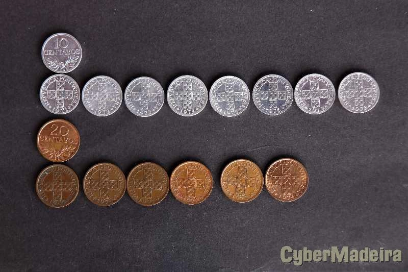 Moedas de $10 centavos e de $20 centavos dos anos 1969 a 1978