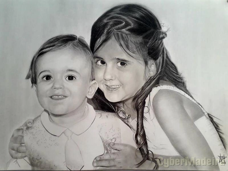Trabalhos de retrato realista a carvão e grafite..
