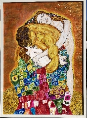 Abraço em Família -Pintura à mão inspirada na obra de Gustav Klimt